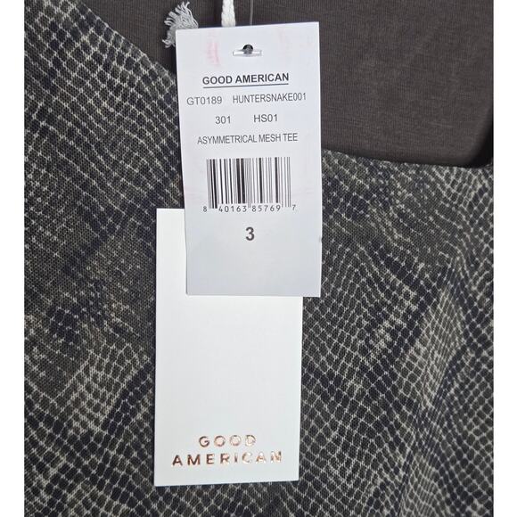 Good American Asymmetrical Neck Mesh Sleeve Snakeskin Crop Top NEW Women's Large - Picture 7 of 10